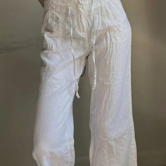 white lace up drawstring linen Boho chic wide leg trousers - Picture 3 of 4